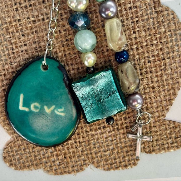 Upcycled jewelry Colorful Beaded bag charm with Love  and cross Charm - Picture 6 of 9